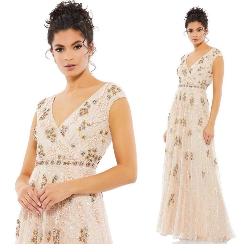 Mac Duggal Embellished Wrap Over Cap Sleeve A-Line Gown In Blush Size 22 Nwt